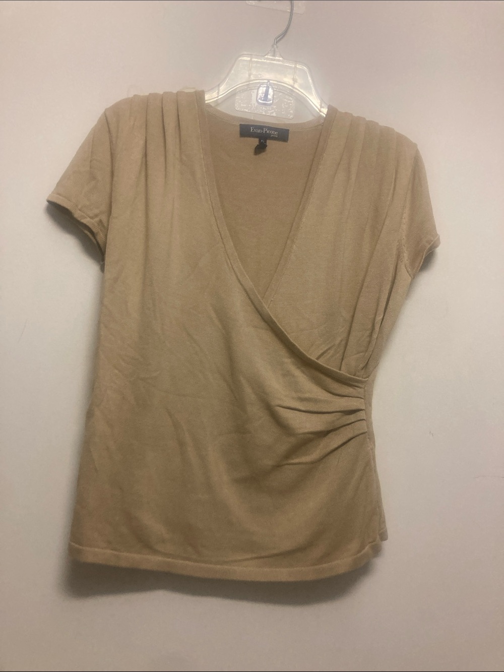 Evan Picone Tan Short-Sleeve Faux-Wrap Knit Top